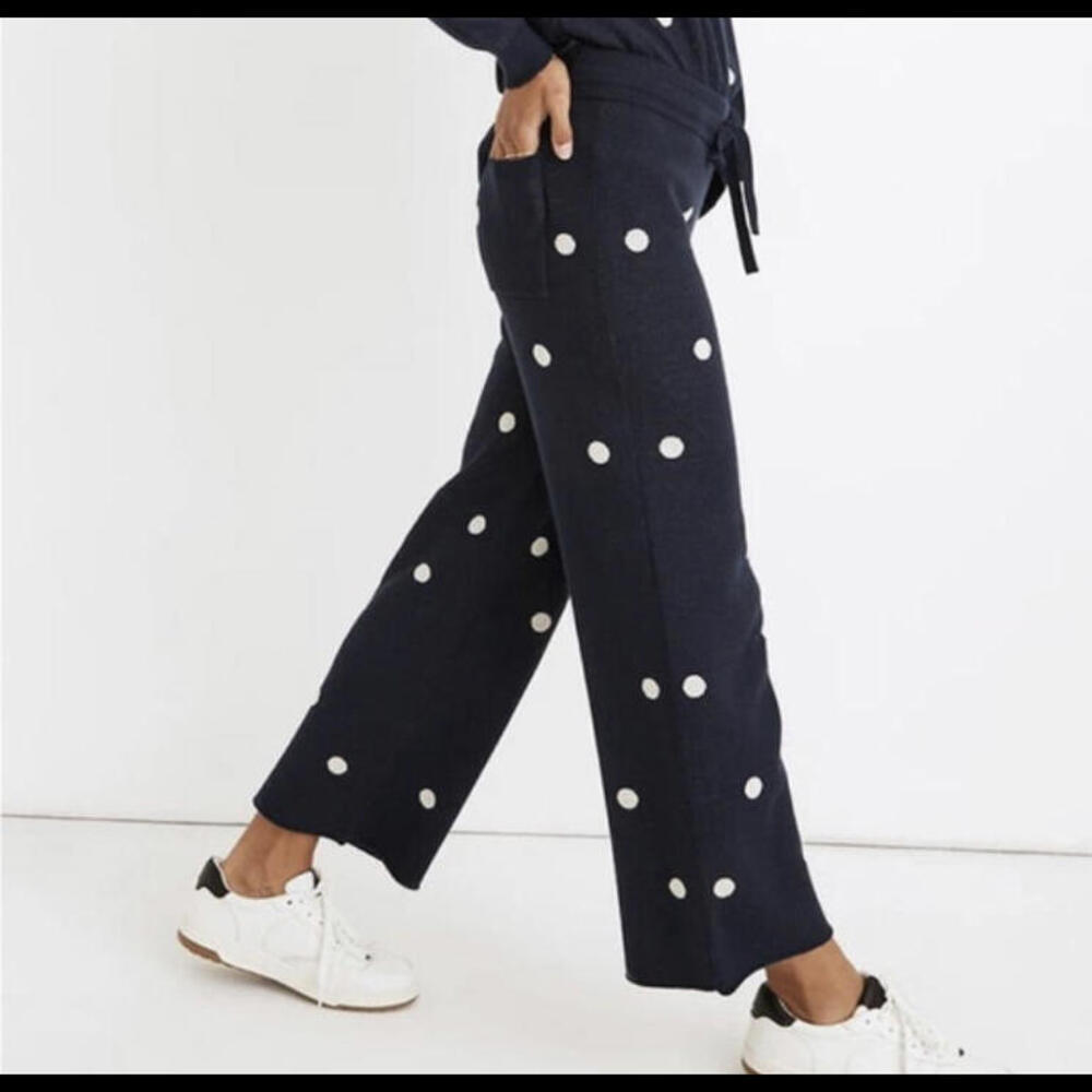 MADEWELL navy and white polka dot straight leg knit pant